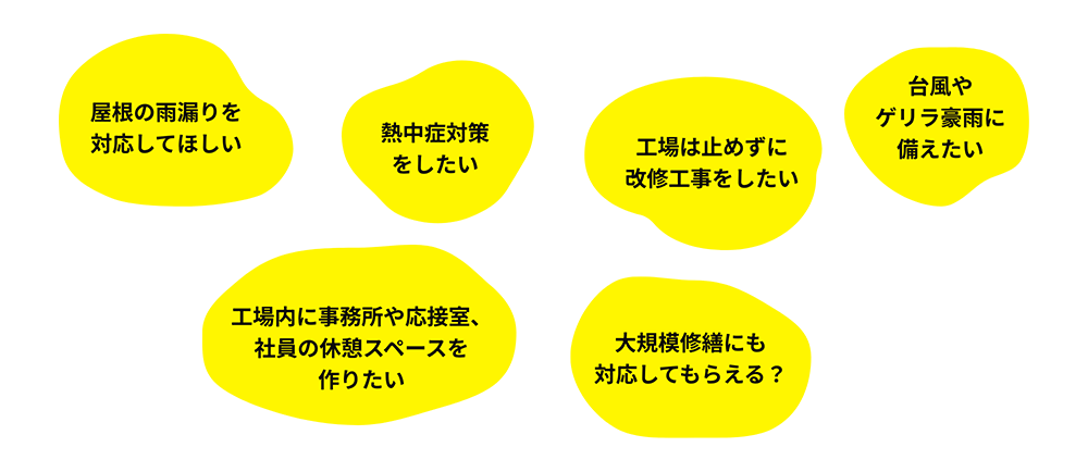 屋根の雨漏りを対応してほしい 熱中症対策をしたい 工場は止めずに改修工事をしたい 台風やゲリラ豪雨に備えたい 工場内に事務所や応接室、社員の休憩スペースを作りたい 大規模修繕にも対応してもらえる?